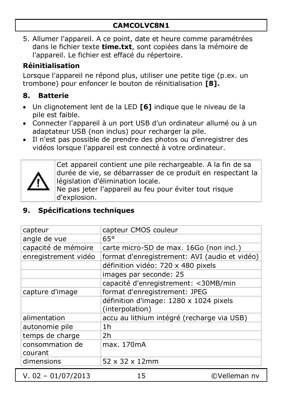 Réinitialisation, Batterie, Spécifications techniques | Velleman CAMCOLVC8N1 User Manual | Page 15 / 43