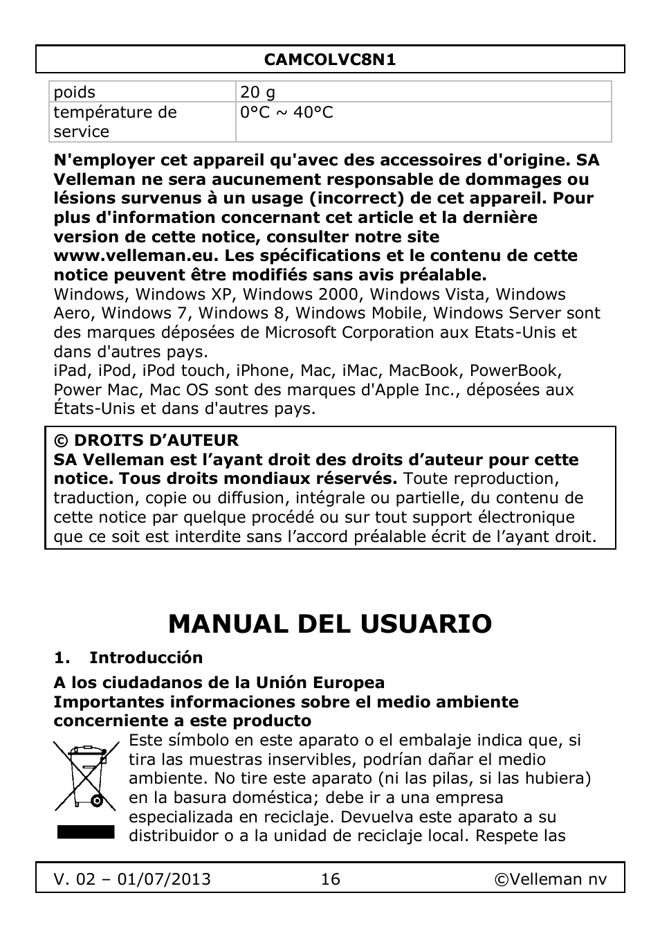 Manual del usuario, Introducción | Velleman CAMCOLVC8N1 User Manual | Page 16 / 43