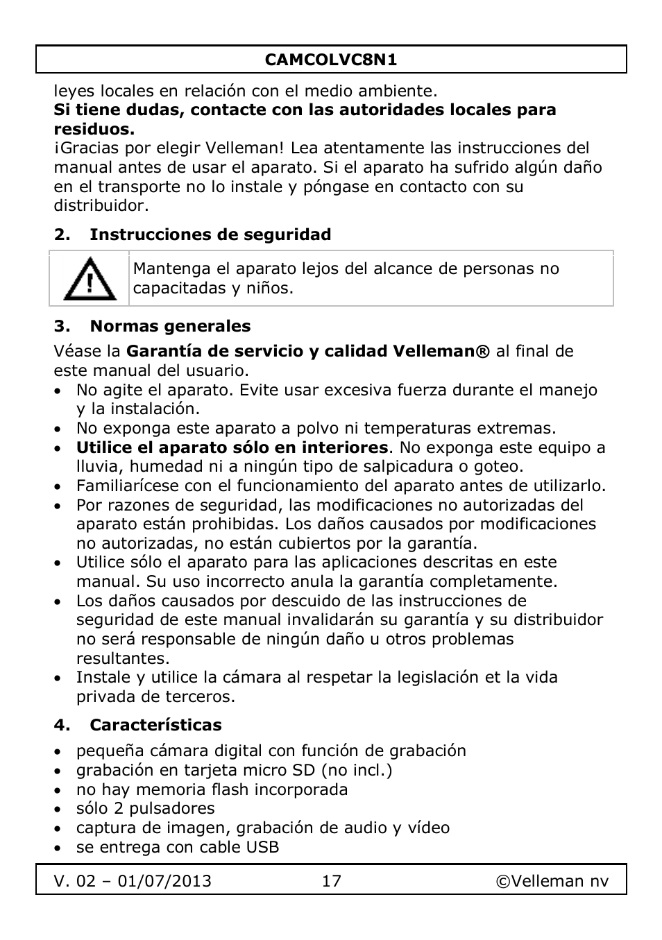 Instrucciones de seguridad, Normas generales, Características | Velleman CAMCOLVC8N1 User Manual | Page 17 / 43