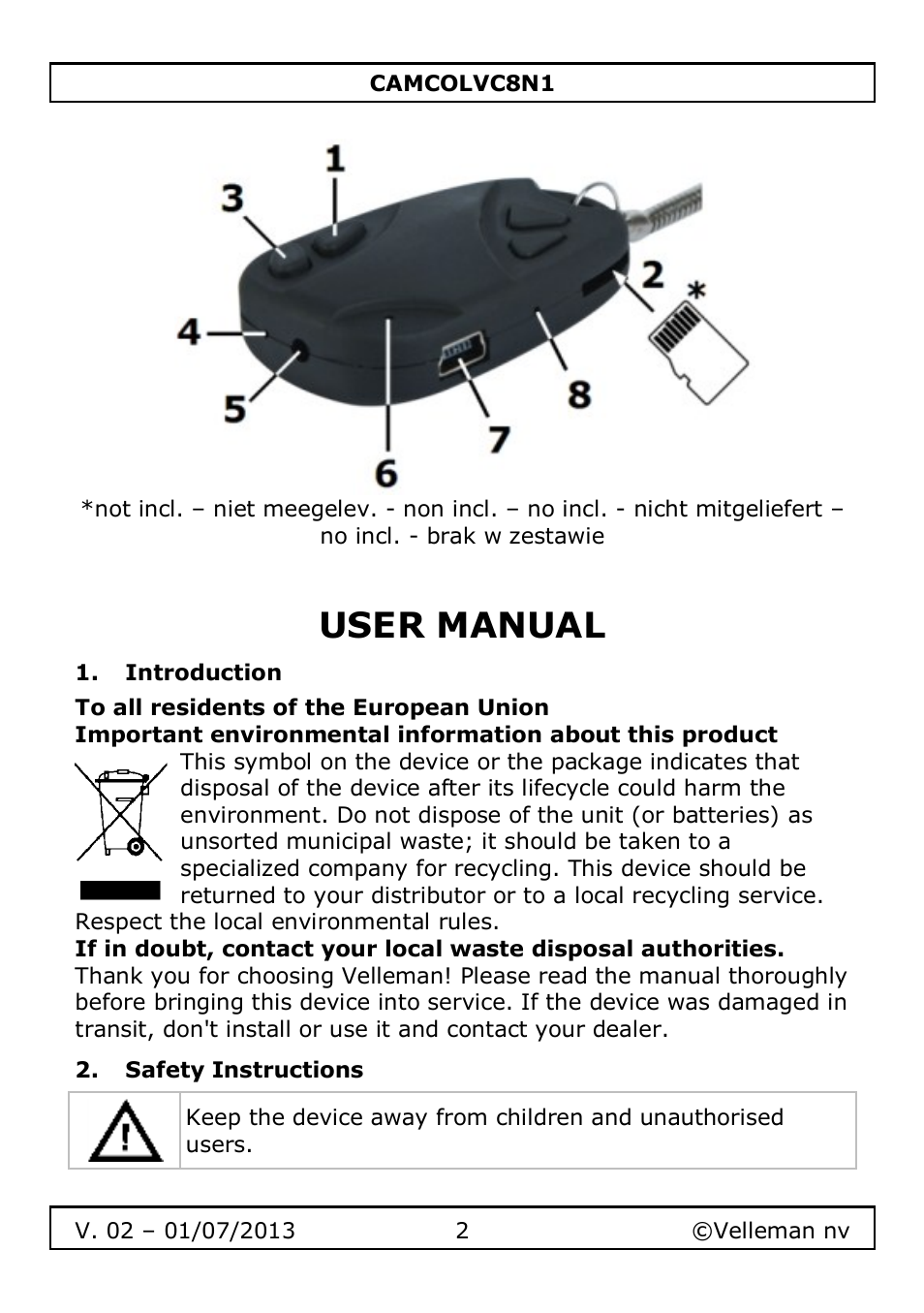 User manual, Introduction, Safety instructions | Velleman CAMCOLVC8N1 User Manual | Page 2 / 43