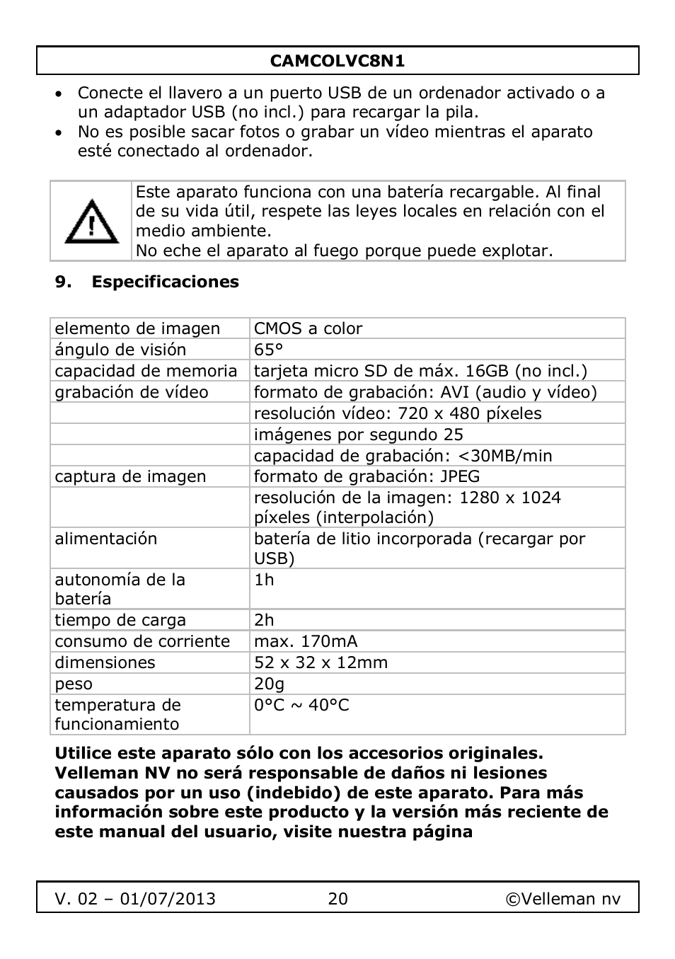 Especificaciones | Velleman CAMCOLVC8N1 User Manual | Page 20 / 43