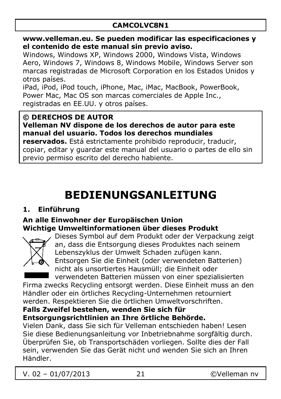 Bedienungsanleitung, Einführung | Velleman CAMCOLVC8N1 User Manual | Page 21 / 43