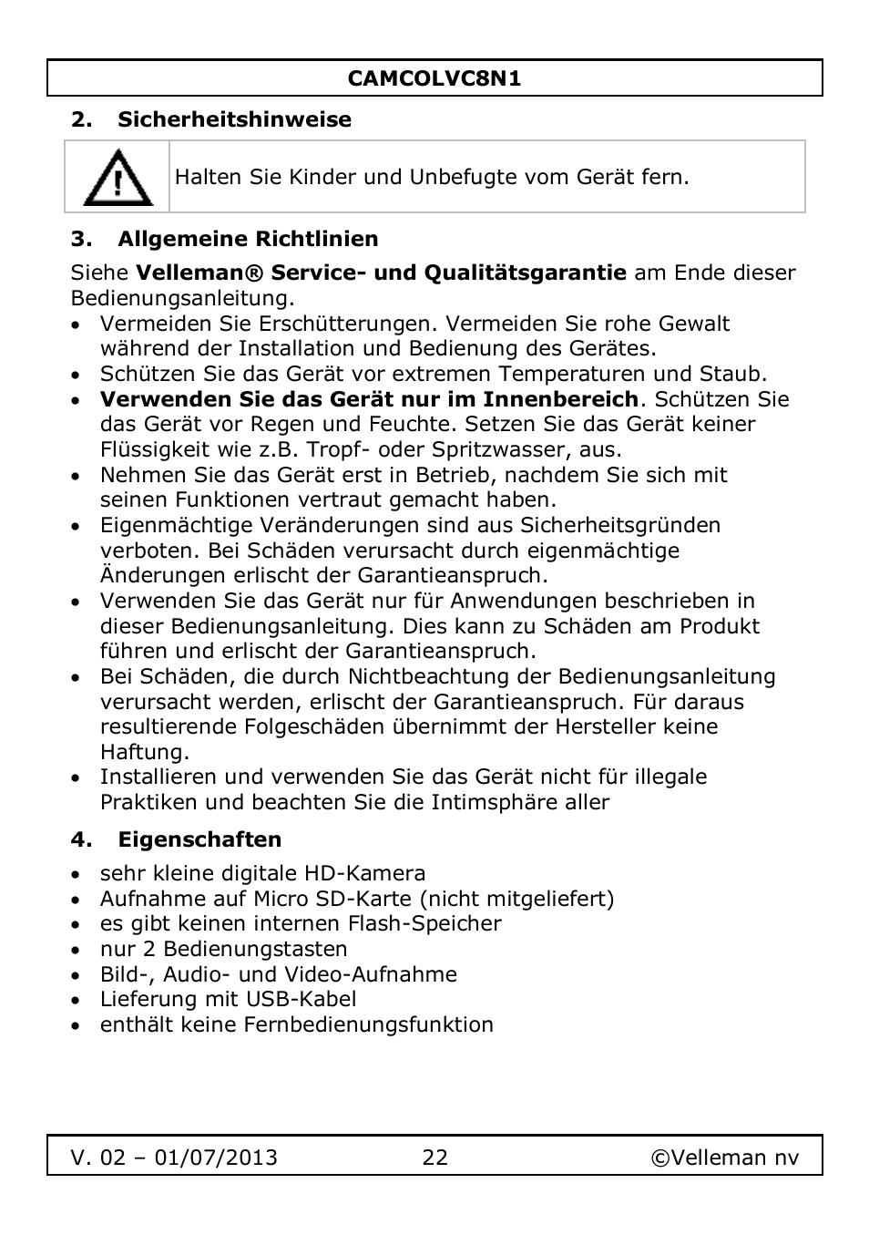 Sicherheitshinweise, Allgemeine richtlinien, Eigenschaften | Velleman CAMCOLVC8N1 User Manual | Page 22 / 43