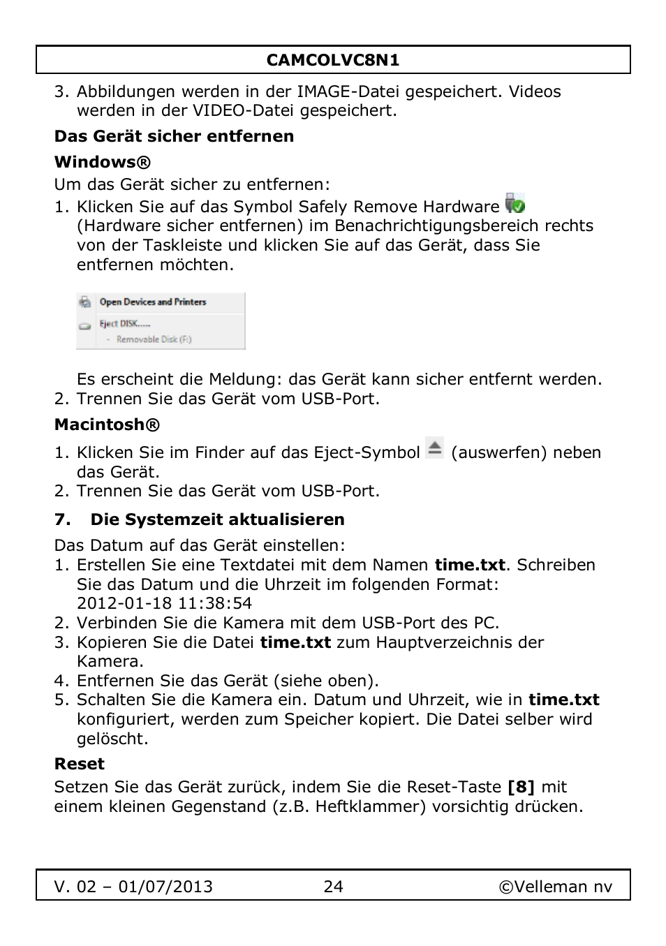 Das gerät sicher entfernen, Windows, Macintosh | Die systemzeit aktualisieren, Reset | Velleman CAMCOLVC8N1 User Manual | Page 24 / 43