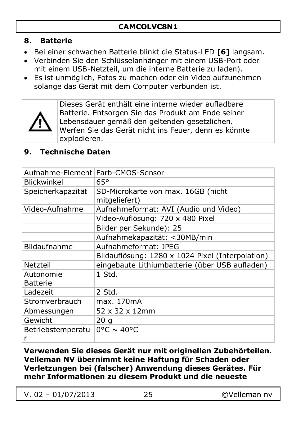 Batterie, Technische daten | Velleman CAMCOLVC8N1 User Manual | Page 25 / 43