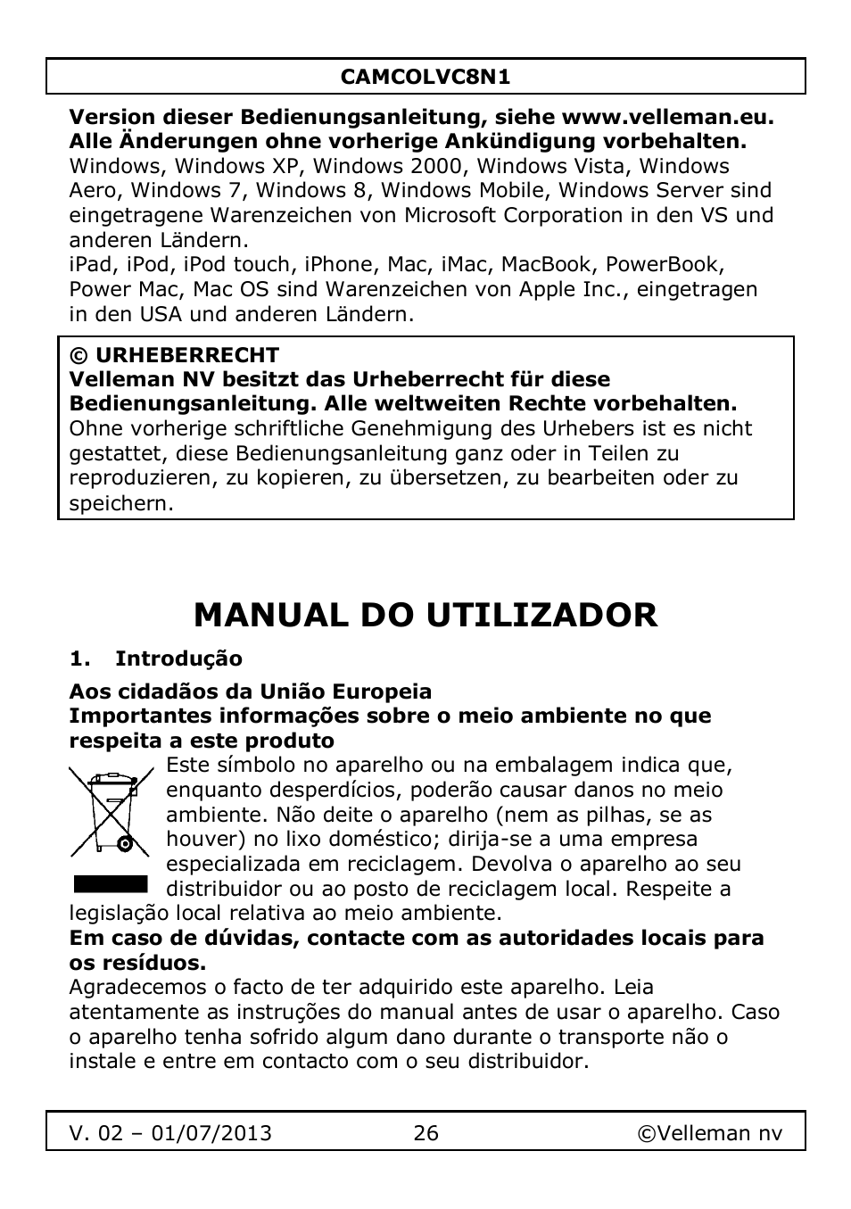 Manual do utilizador, Introdução | Velleman CAMCOLVC8N1 User Manual | Page 26 / 43