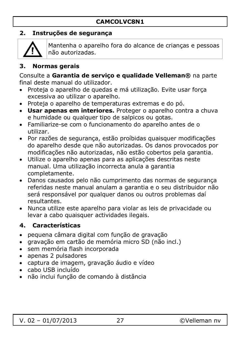 Instruções de segurança, Normas gerais, Características | Velleman CAMCOLVC8N1 User Manual | Page 27 / 43