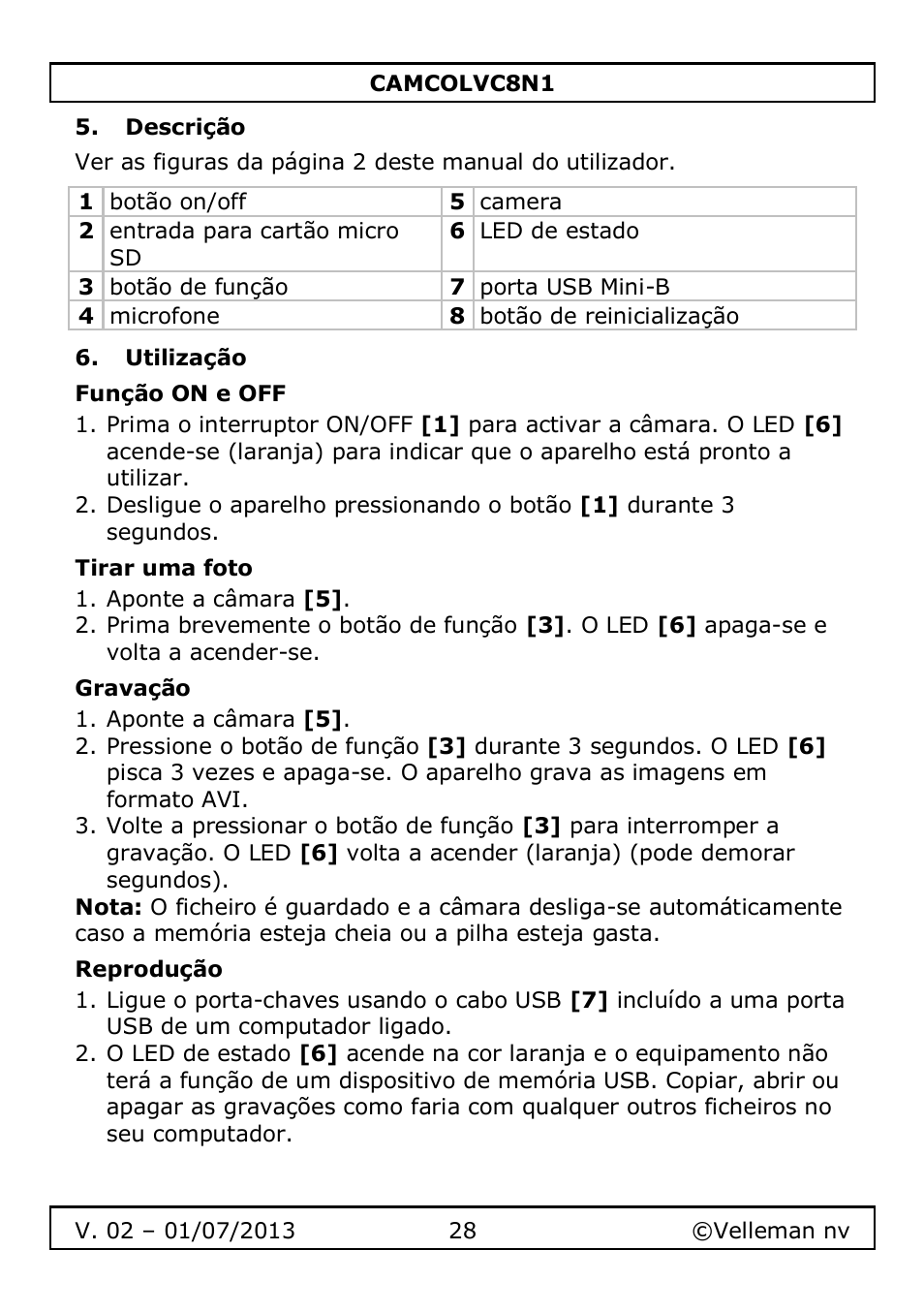 Descrição, Utilização, Função on e off | Tirar uma foto, Gravação, Reprodução | Velleman CAMCOLVC8N1 User Manual | Page 28 / 43