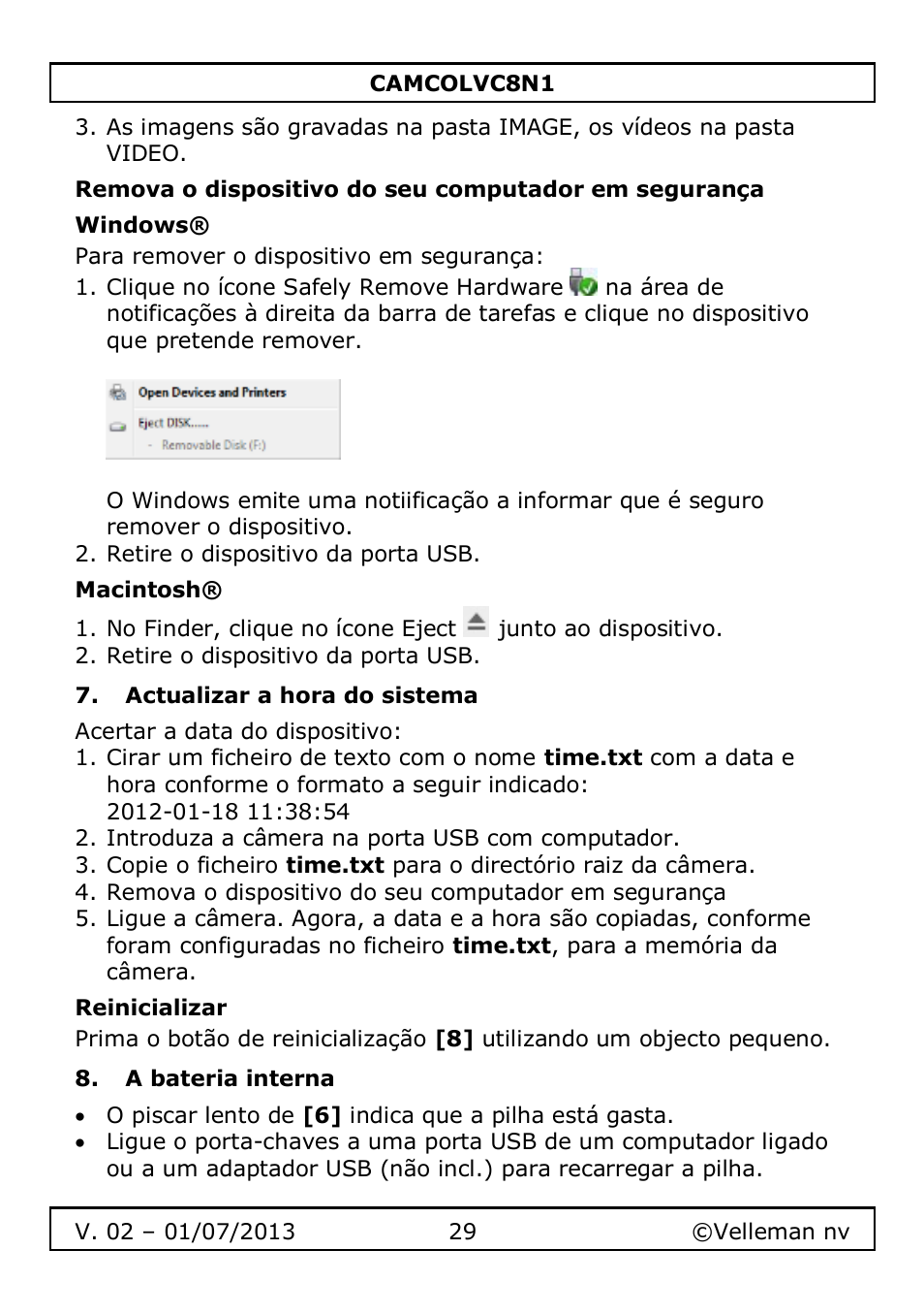 Windows, Macintosh, Actualizar a hora do sistema | Reinicializar, A bateria interna | Velleman CAMCOLVC8N1 User Manual | Page 29 / 43