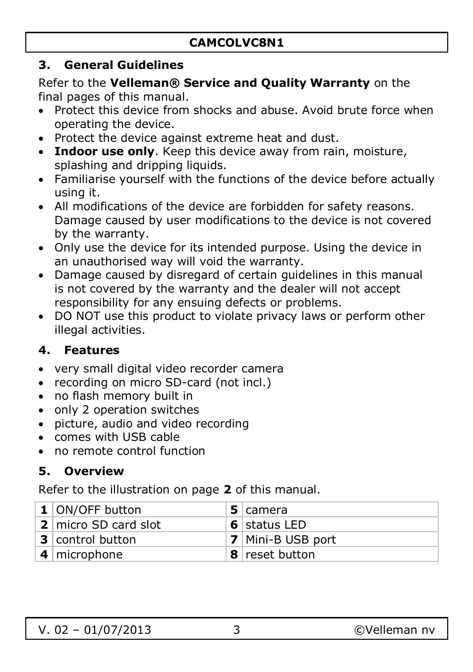 General guidelines, Features, Overview | Velleman CAMCOLVC8N1 User Manual | Page 3 / 43