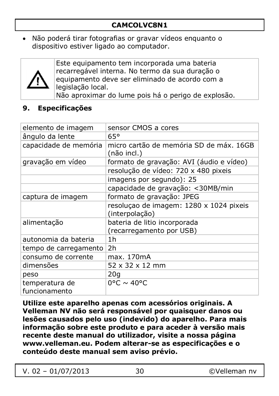 Especificações | Velleman CAMCOLVC8N1 User Manual | Page 30 / 43