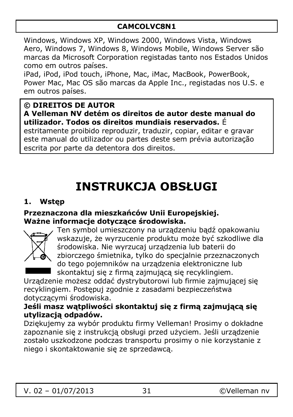 Instrukcja obsługi, Wstęp | Velleman CAMCOLVC8N1 User Manual | Page 31 / 43