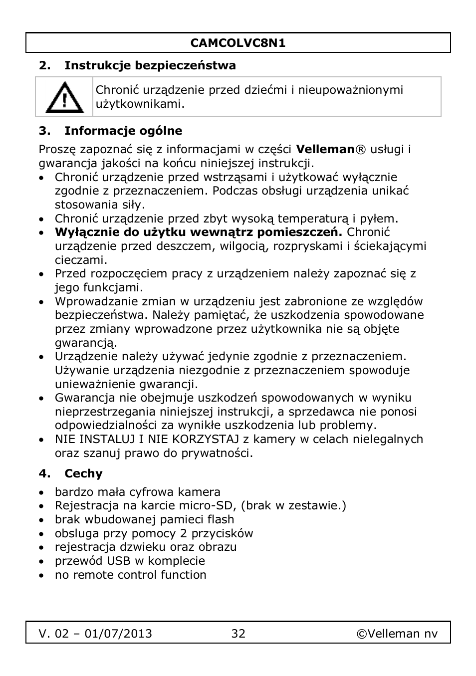 Instrukcje bezpieczeństwa, Informacje ogólne, Cechy | Velleman CAMCOLVC8N1 User Manual | Page 32 / 43