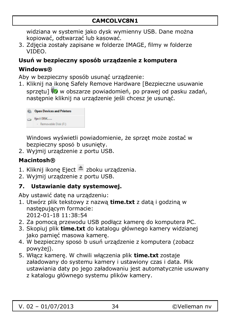 Usuń w bezpieczny sposób urządzenie z komputera, Windows, Macintosh | Ustawianie daty systemowej | Velleman CAMCOLVC8N1 User Manual | Page 34 / 43