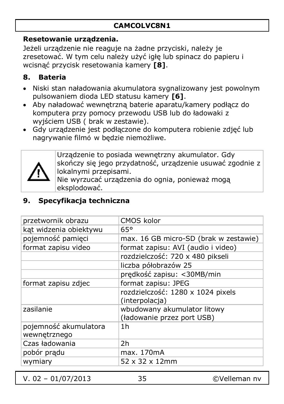 Resetowanie urządzenia, Bateria, Specyfikacja techniczna | Velleman CAMCOLVC8N1 User Manual | Page 35 / 43