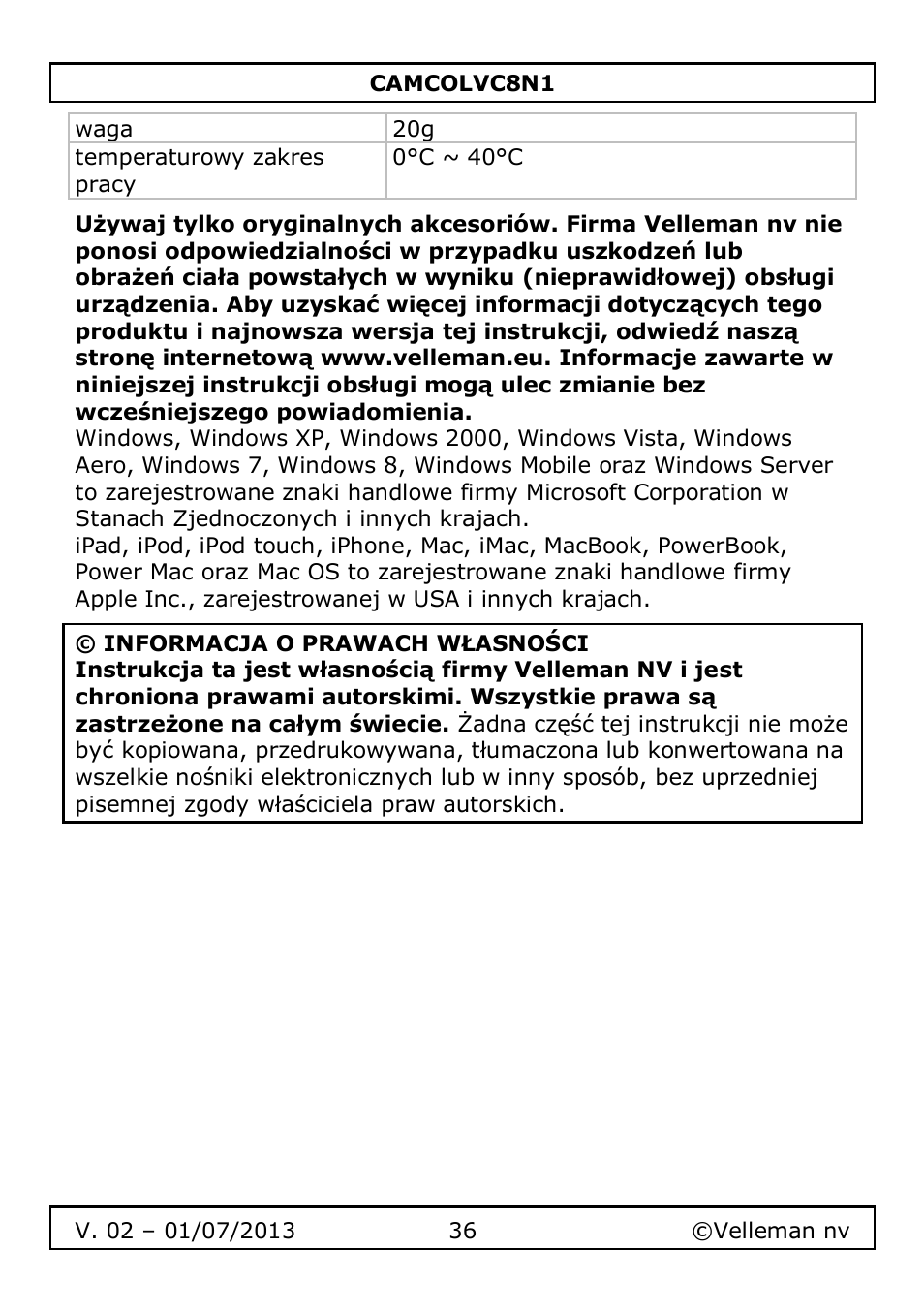 Velleman CAMCOLVC8N1 User Manual | Page 36 / 43