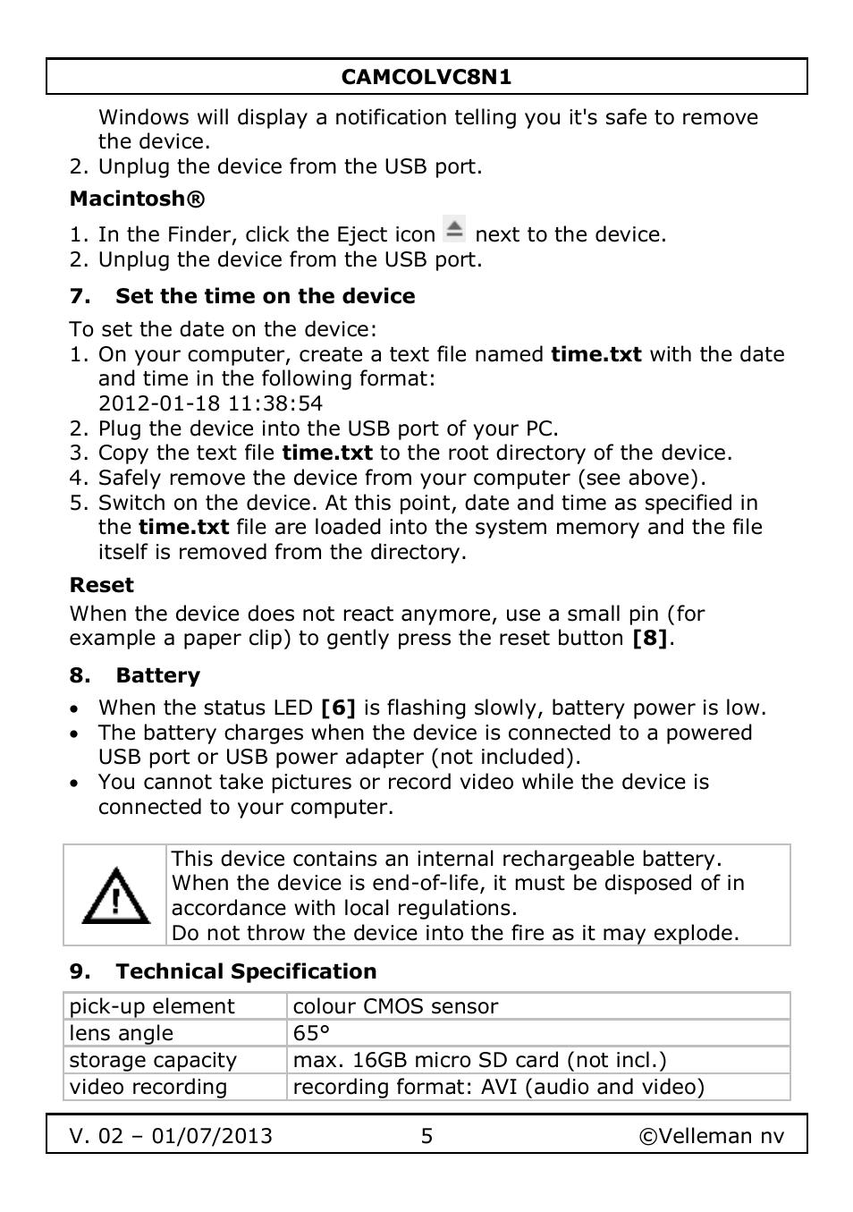 Macintosh, Set the time on the device, Reset | Battery, Technical specification | Velleman CAMCOLVC8N1 User Manual | Page 5 / 43