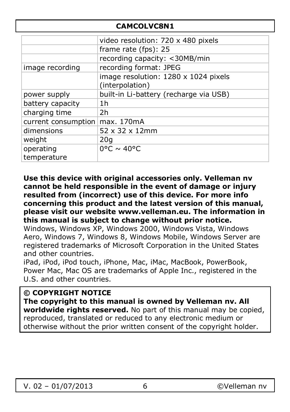 Velleman CAMCOLVC8N1 User Manual | Page 6 / 43