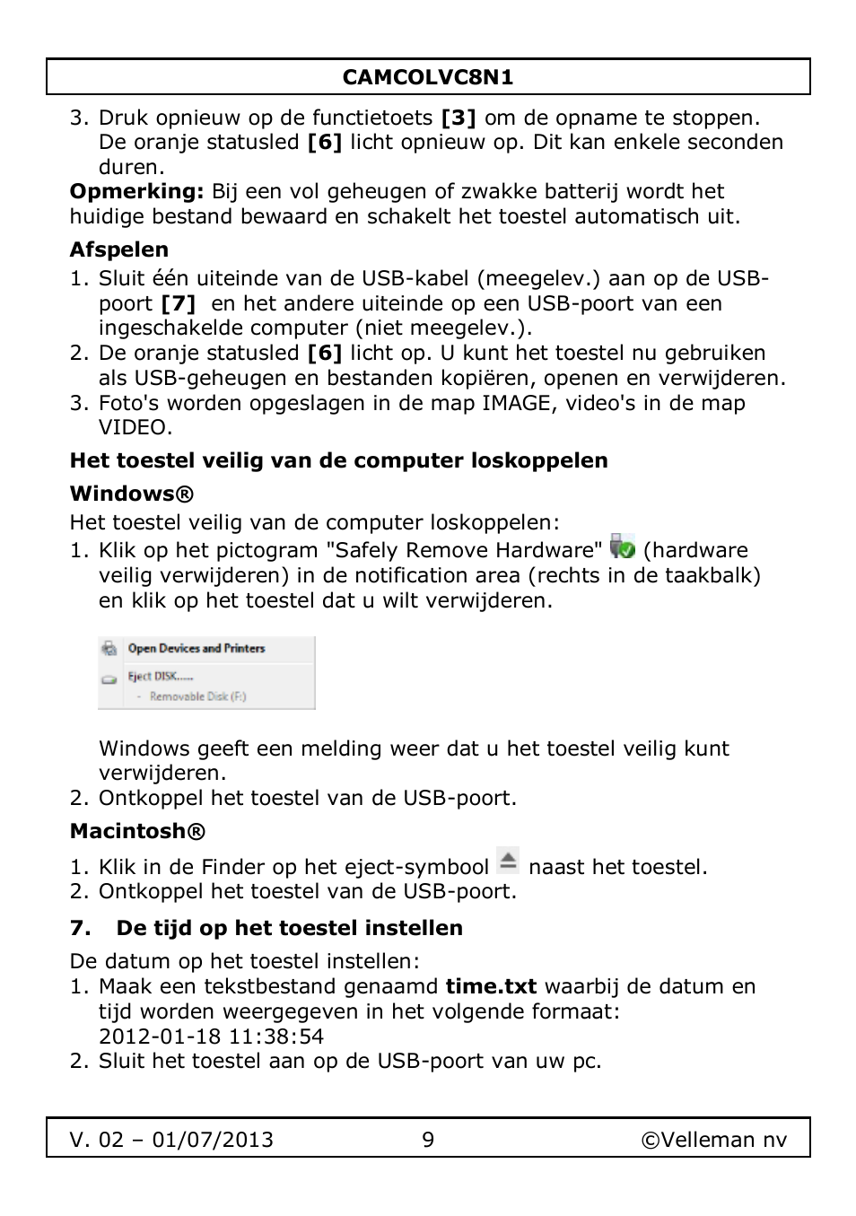 Afspelen, Het toestel veilig van de computer loskoppelen, Windows | Macintosh, De tijd op het toestel instellen | Velleman CAMCOLVC8N1 User Manual | Page 9 / 43