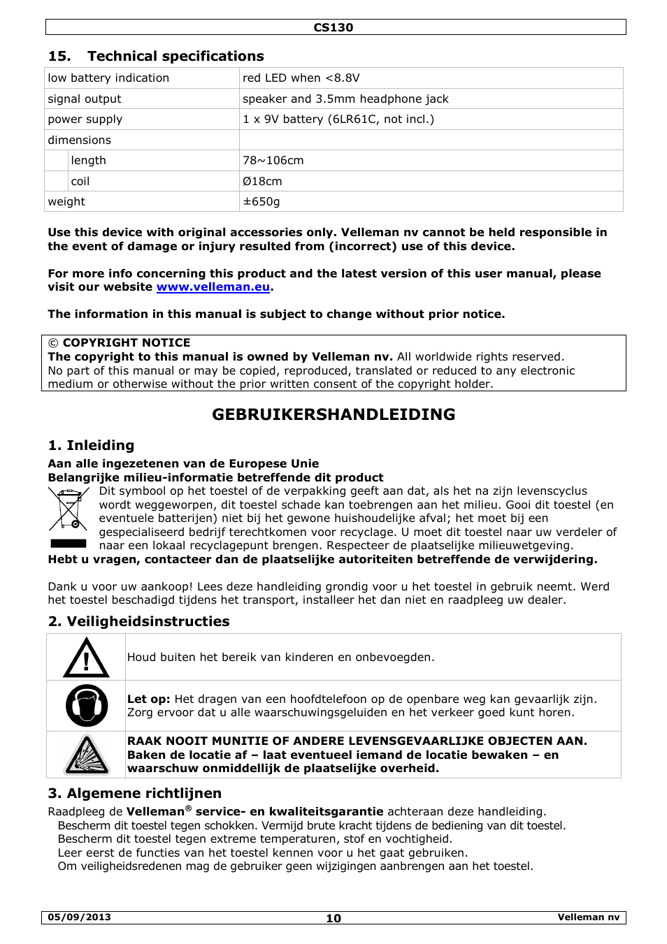 Gebruikershandleiding, Technical specifications, Inleiding | Veiligheidsinstructies, Algemene richtlijnen | Velleman CS130 User Manual | Page 10 / 54