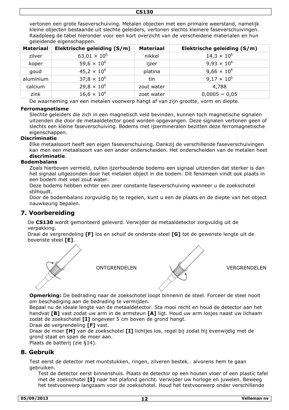 Voorbereiding, Gebruik | Velleman CS130 User Manual | Page 12 / 54