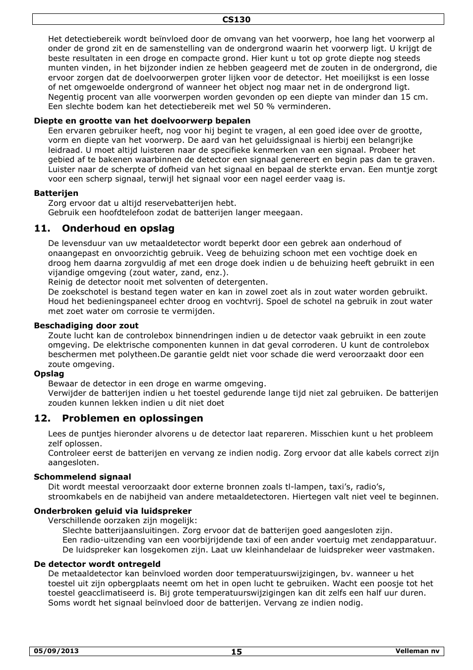 Onderhoud en opslag, Problemen en oplossingen | Velleman CS130 User Manual | Page 15 / 54