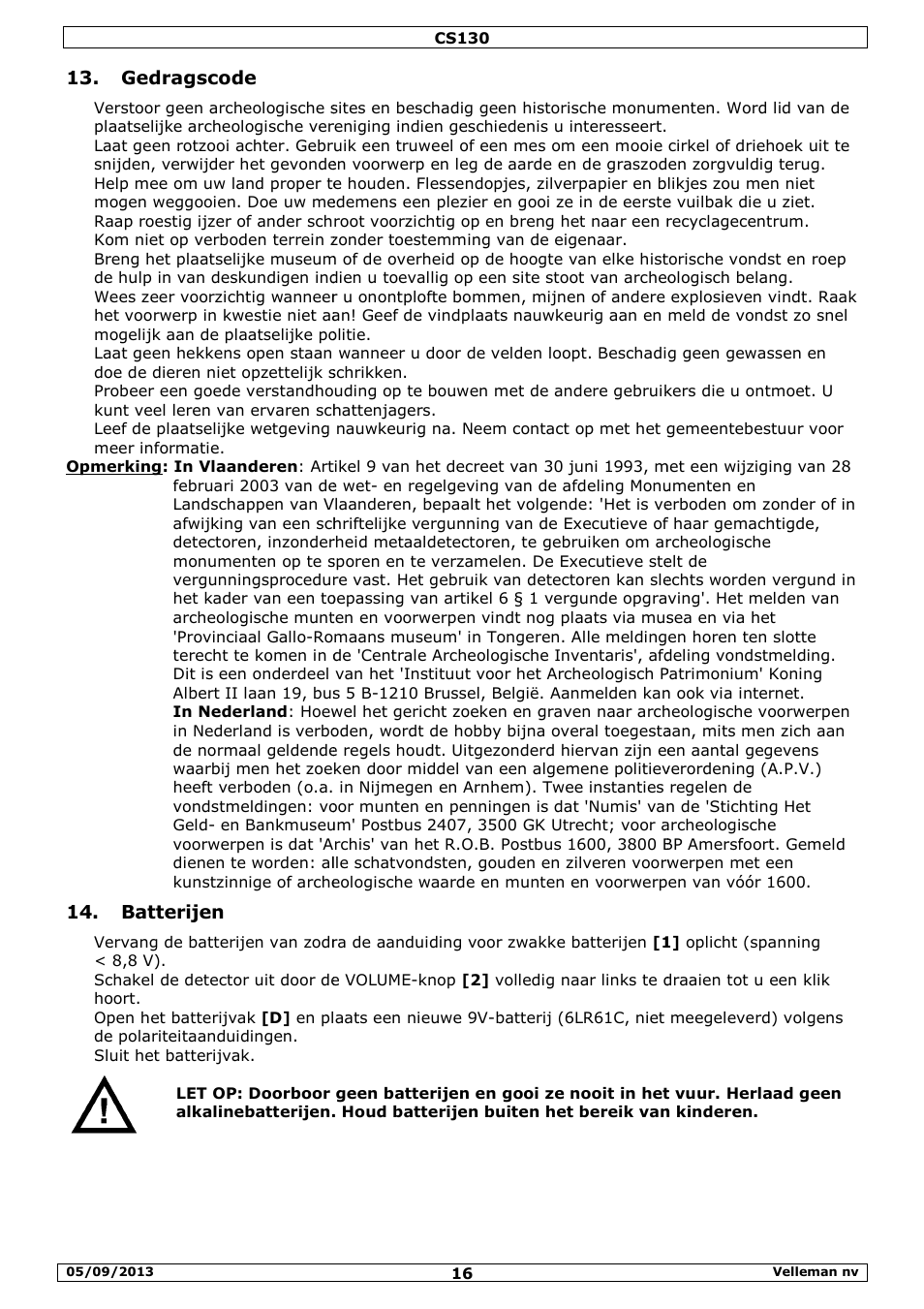 Gedragscode, Batterijen | Velleman CS130 User Manual | Page 16 / 54