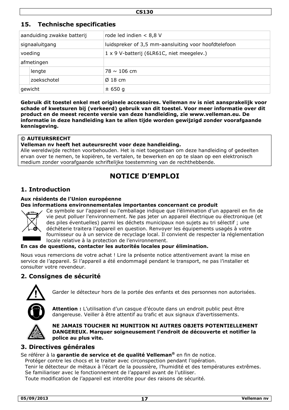 Notice d’emploi, Technische specificaties, Introduction | Consignes de sécurité, Directives générales, Sche specificaties | Velleman CS130 User Manual | Page 17 / 54