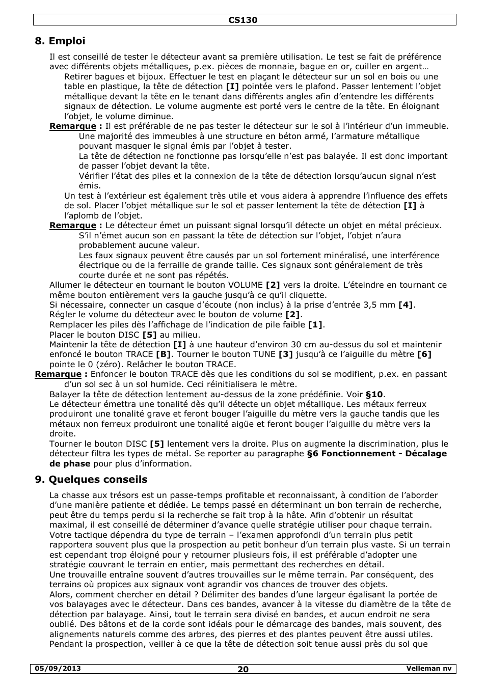 Emploi, Quelques conseils | Velleman CS130 User Manual | Page 20 / 54