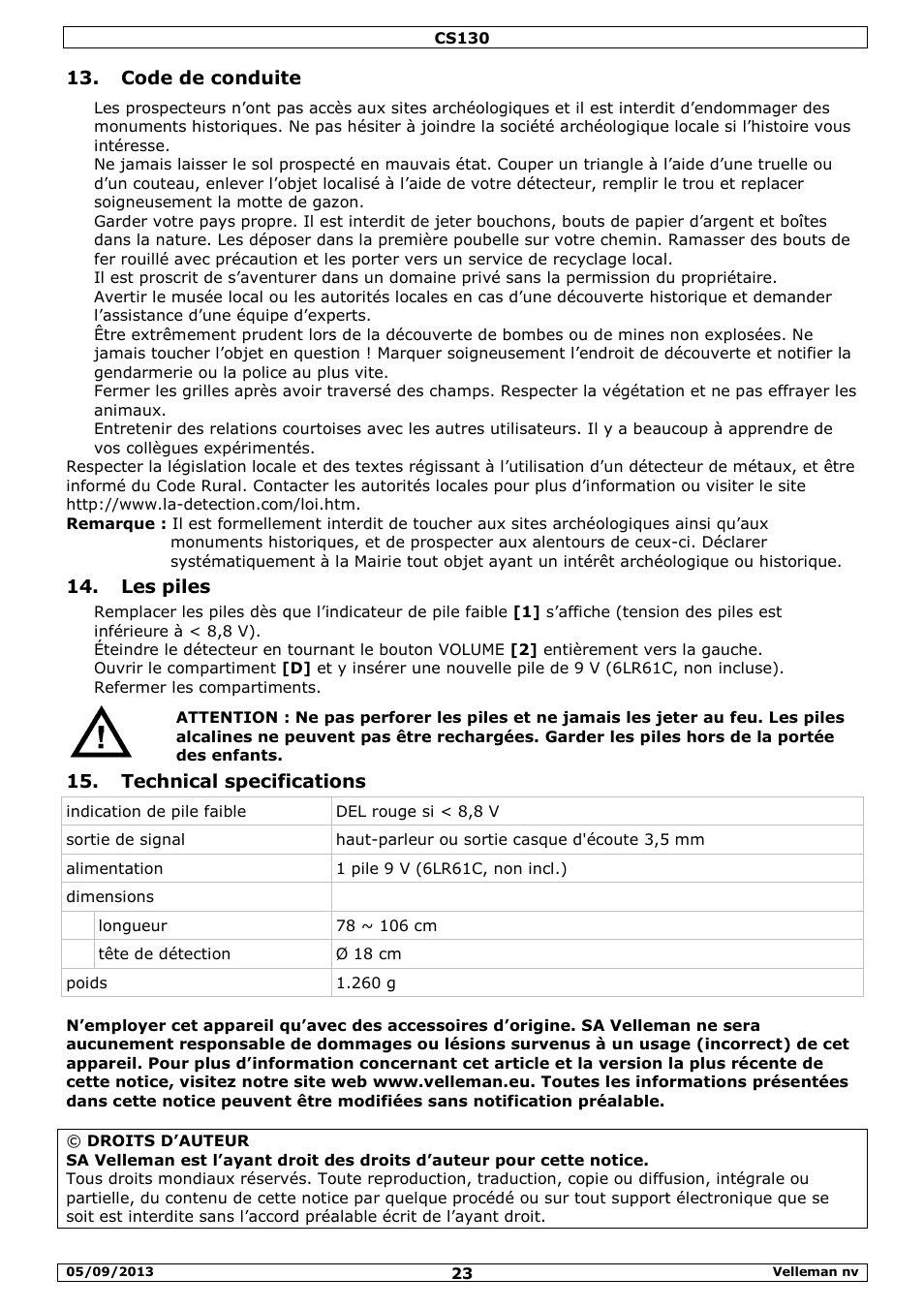 Code de conduite, Les piles, Technical specifications | Velleman CS130 User Manual | Page 23 / 54