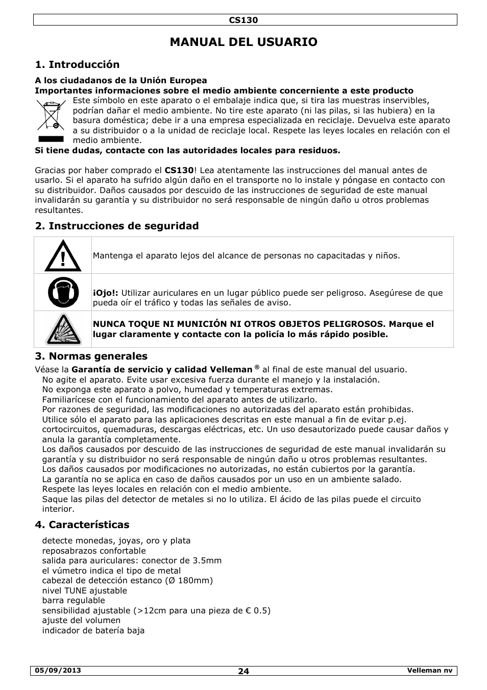 Manual del usuario, Introducción, Instrucciones de seguridad | Normas generales, Características | Velleman CS130 User Manual | Page 24 / 54