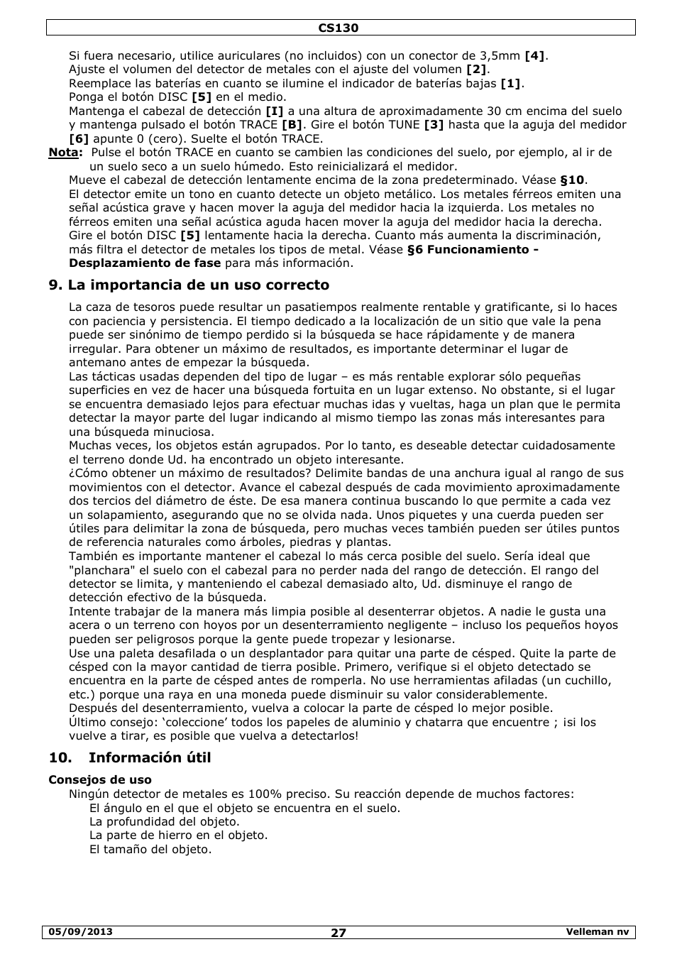 La importancia de un uso correcto, Información útil | Velleman CS130 User Manual | Page 27 / 54