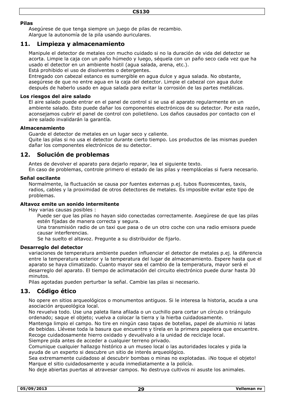 Limpieza y almacenamiento, Solución de problemas, Código ético | Velleman CS130 User Manual | Page 29 / 54