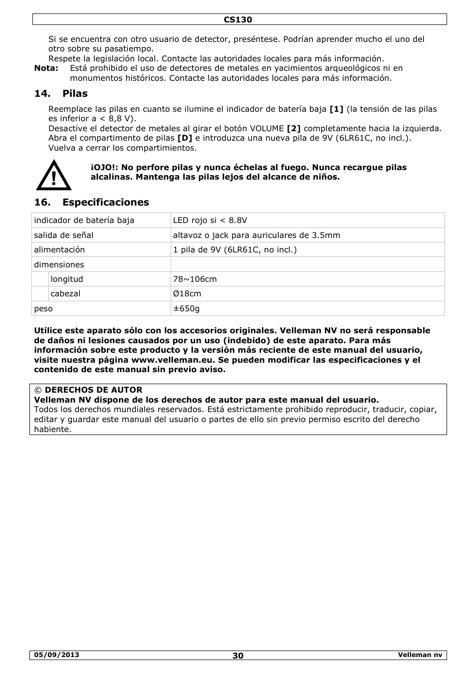 Pilas, Especificaciones | Velleman CS130 User Manual | Page 30 / 54