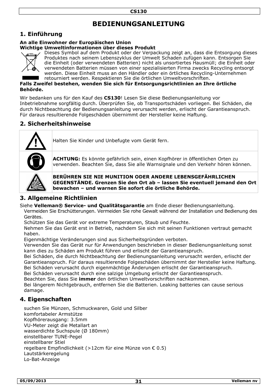 Bedienungsanleitung, Einführung, Sicherheitshinweise | Allgemeine richtlinien, Eigenschaften | Velleman CS130 User Manual | Page 31 / 54