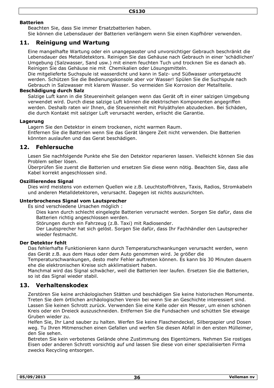 Reinigung und wartung, Fehlersuche, Verhaltenskodex | Velleman CS130 User Manual | Page 36 / 54