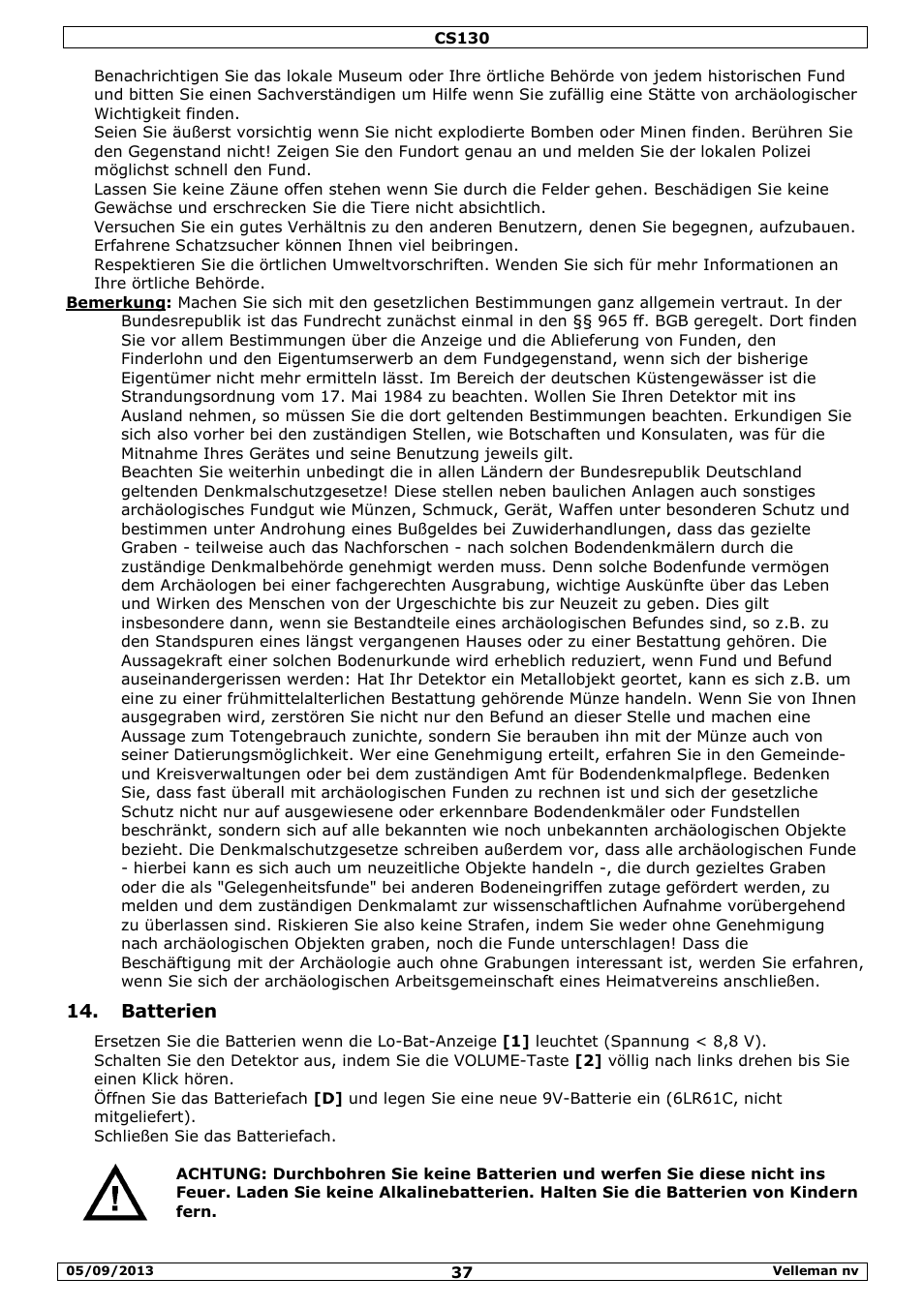 Batterien | Velleman CS130 User Manual | Page 37 / 54