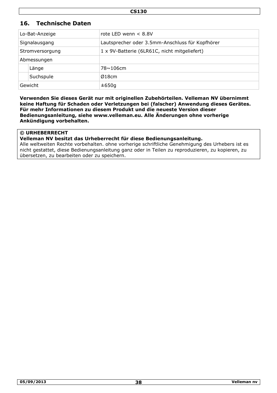 Technische daten | Velleman CS130 User Manual | Page 38 / 54