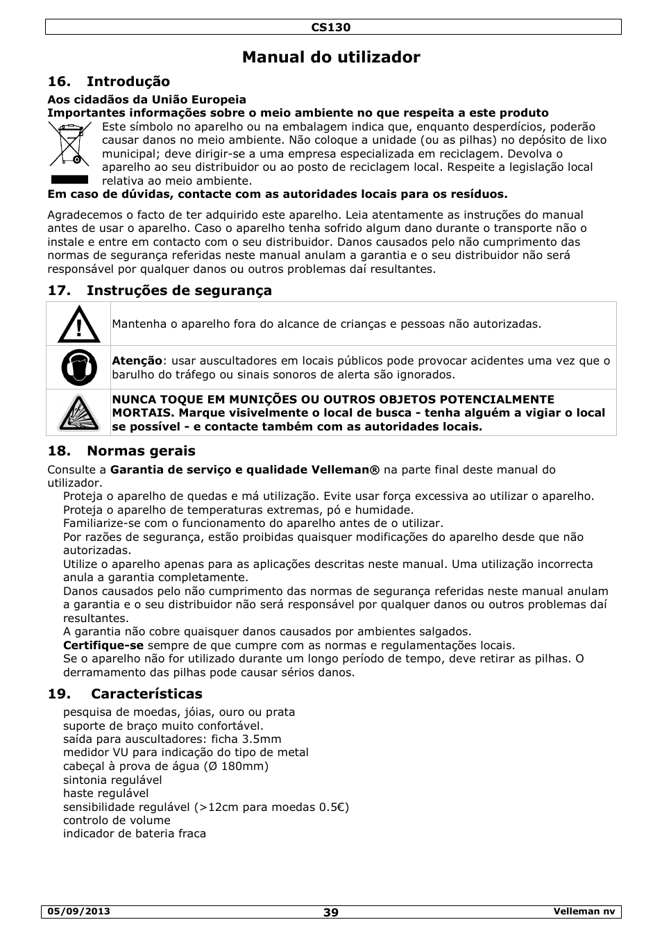 Manual do utilizador, Introdução, Instruções de segurança | Normas gerais, Características | Velleman CS130 User Manual | Page 39 / 54