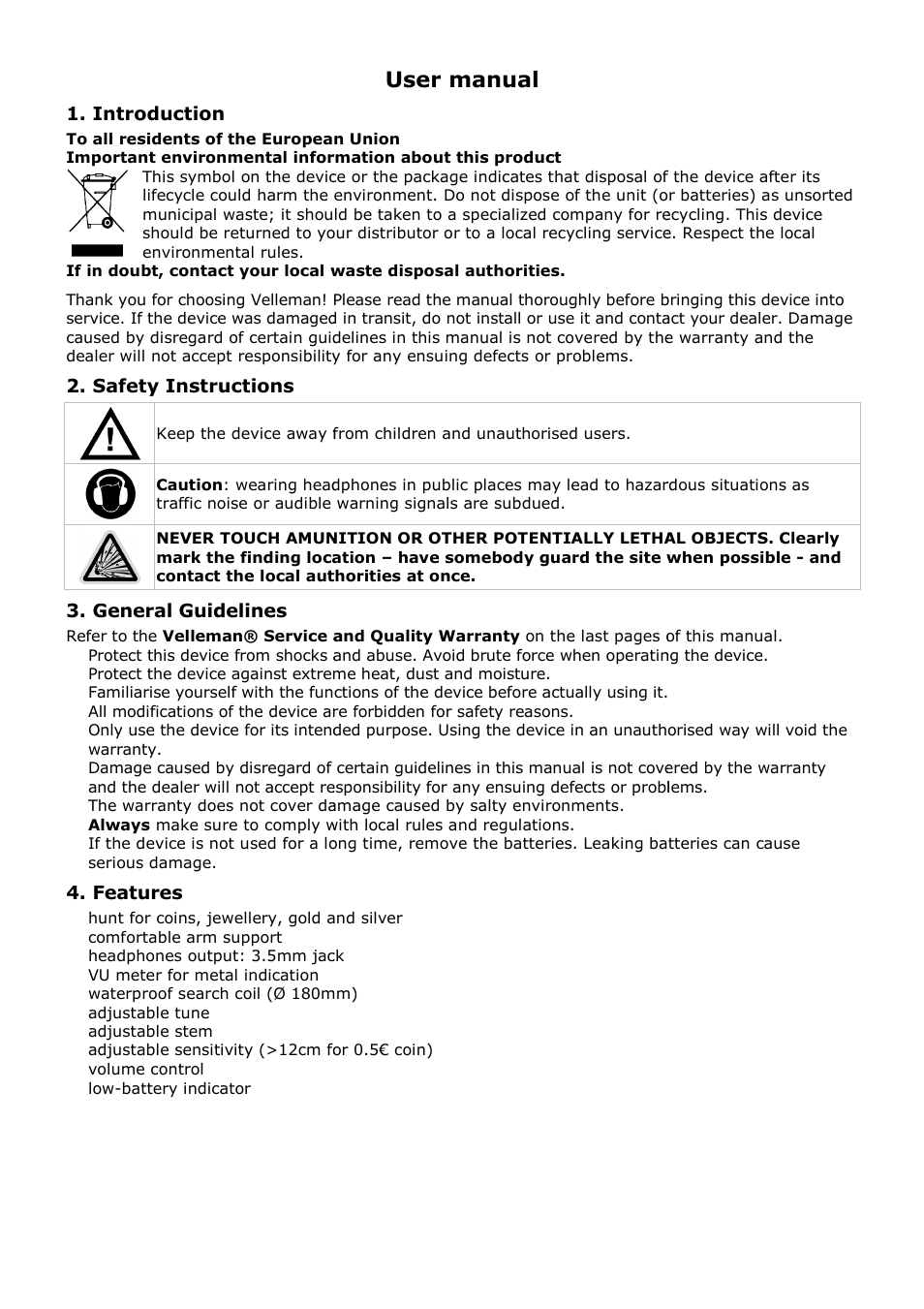 User manual, Introduction, Safety instructions | General guidelines, Features | Velleman CS130 User Manual | Page 4 / 54