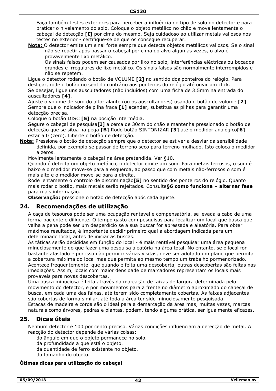 Recomendações de utilização, Dicas úteis | Velleman CS130 User Manual | Page 42 / 54