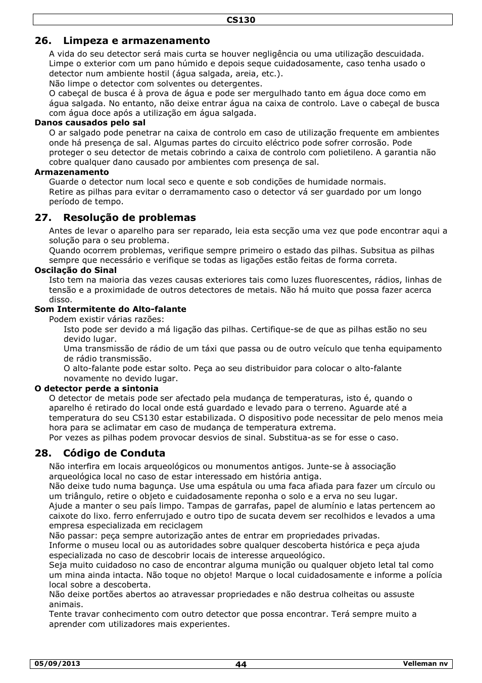 Limpeza e armazenamento, Resolução de problemas, Código de conduta | Velleman CS130 User Manual | Page 44 / 54