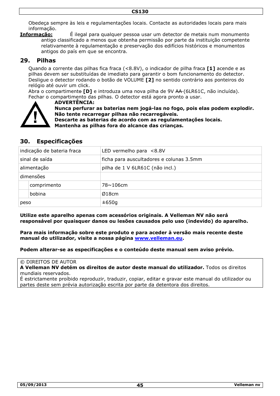 Pilhas, Especificações | Velleman CS130 User Manual | Page 45 / 54