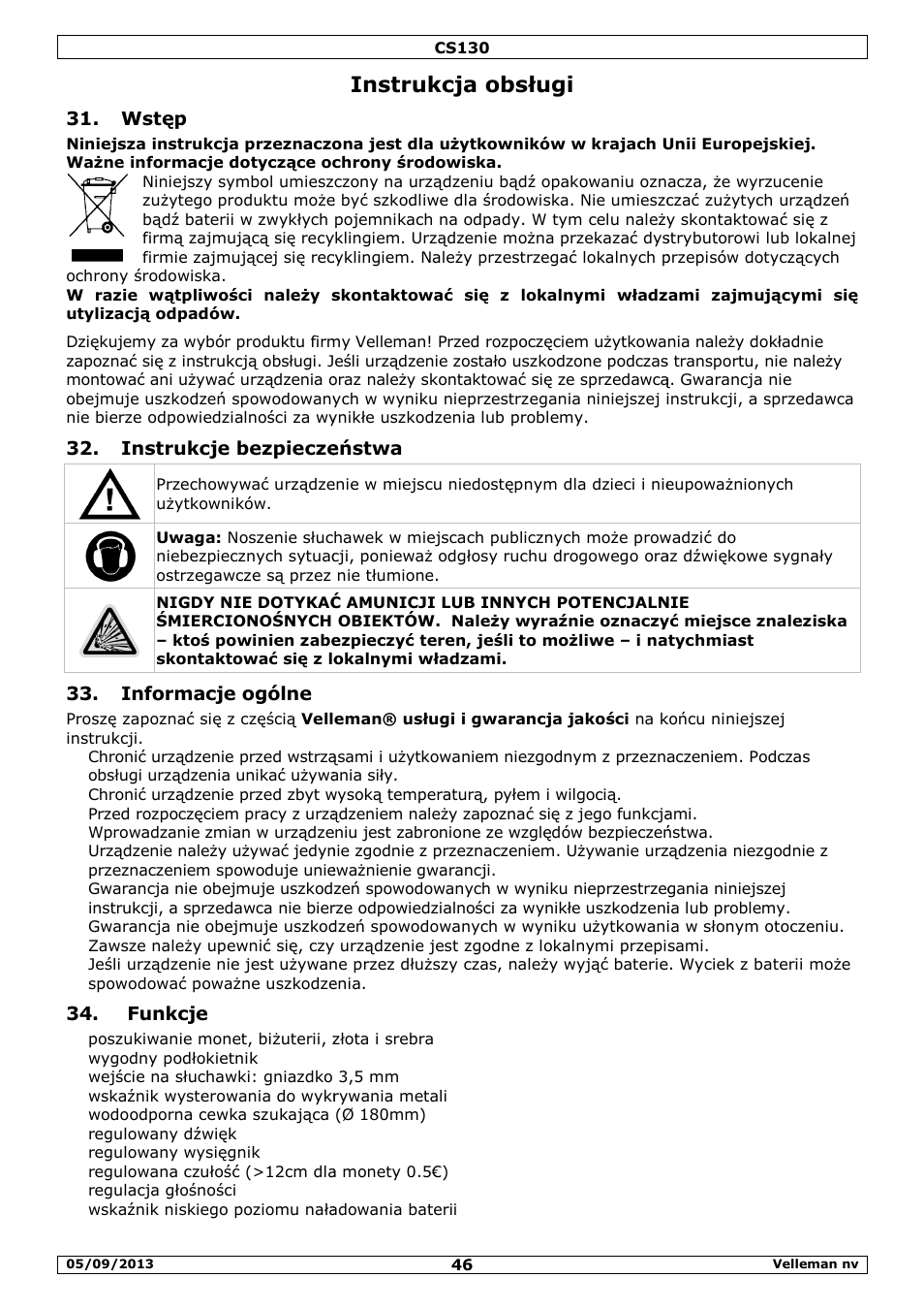 Instrukcja obsługi, Wstęp, Instrukcje bezpieczeństwa | Informacje ogólne, Funkcje | Velleman CS130 User Manual | Page 46 / 54