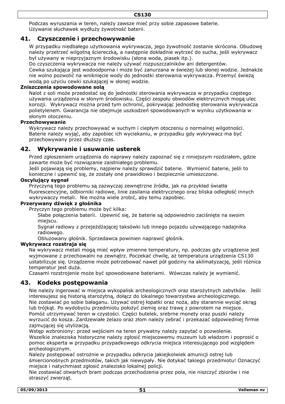 Czyszczenie i przechowywanie, Wykrywanie i usuwanie usterek, Kodeks postępowania | Velleman CS130 User Manual | Page 51 / 54