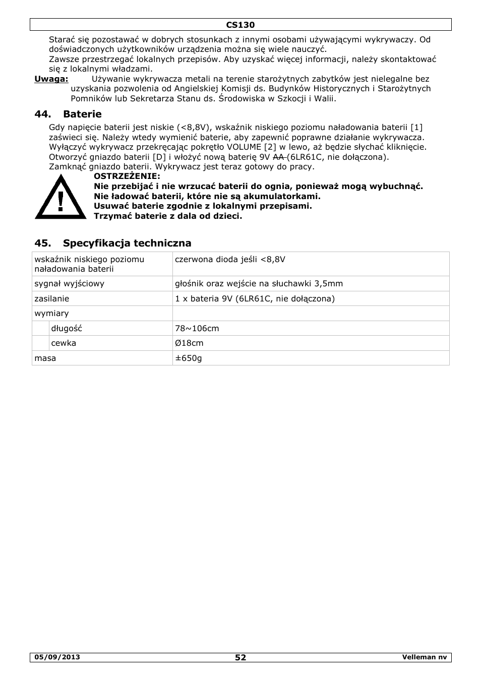 Baterie, Specyfikacja techniczna | Velleman CS130 User Manual | Page 52 / 54