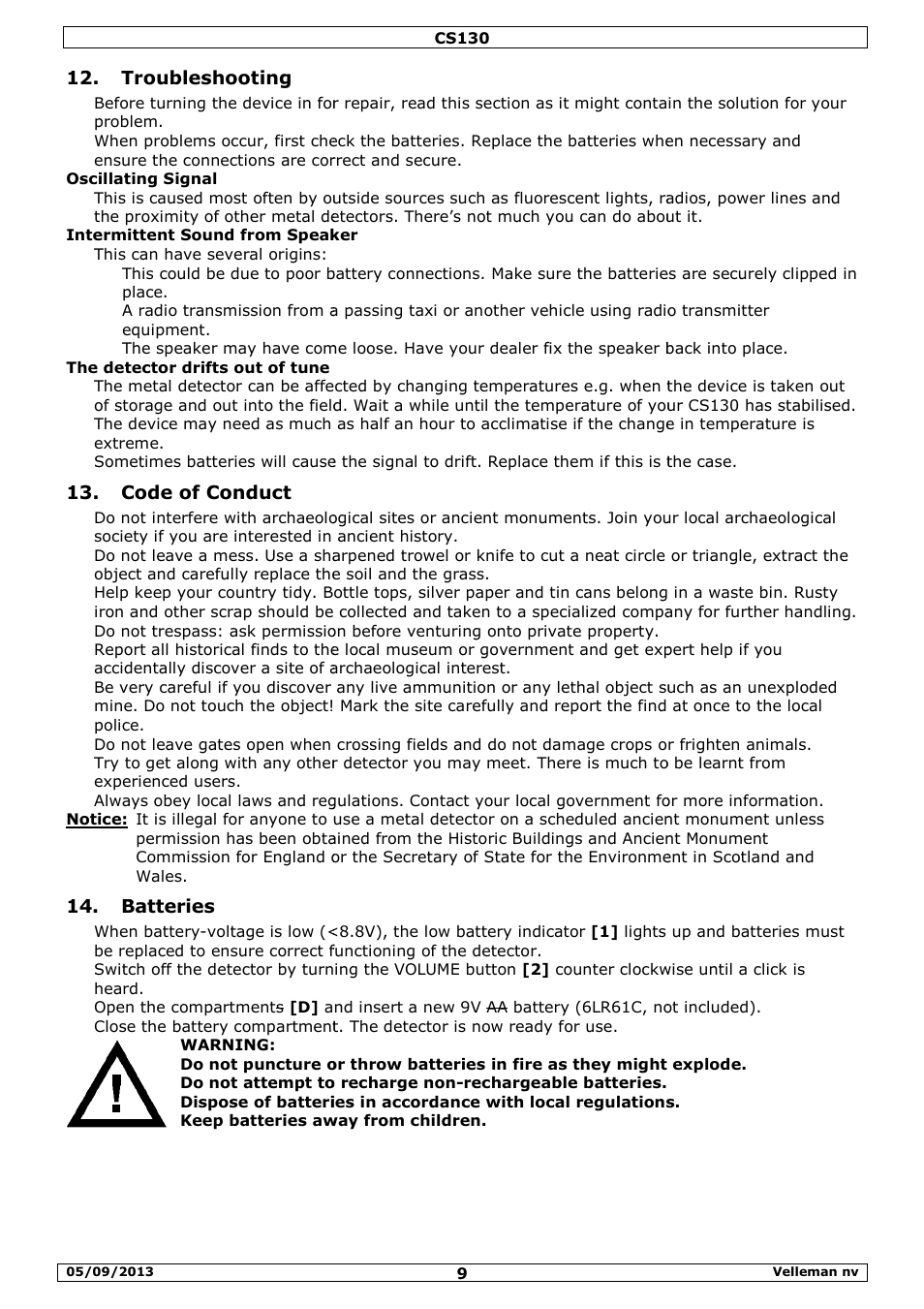 Troubleshooting, Code of conduct, Batteries | Velleman CS130 User Manual | Page 9 / 54