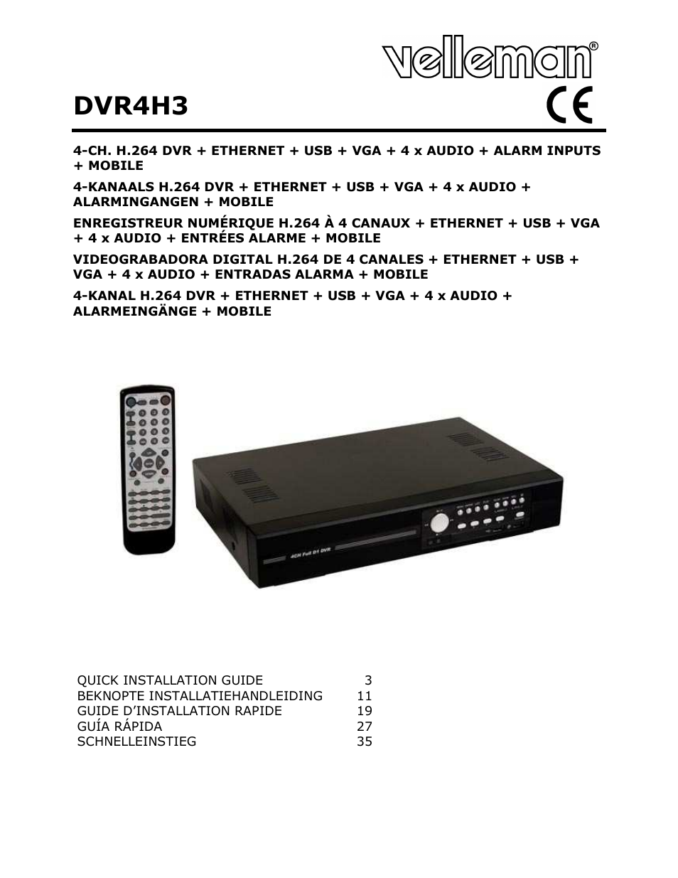 Velleman DVR4H3 Quick Installation Guide User Manual | 44 pages