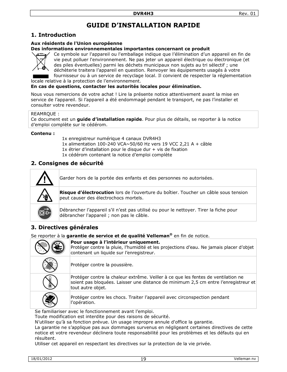 Guide d’installation rapide | Velleman DVR4H3 Quick Installation Guide User Manual | Page 19 / 44