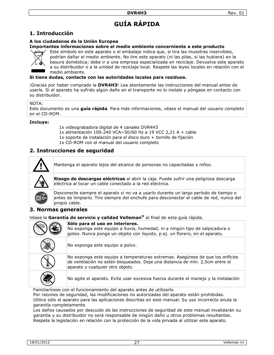 Guía rápida | Velleman DVR4H3 Quick Installation Guide User Manual | Page 27 / 44